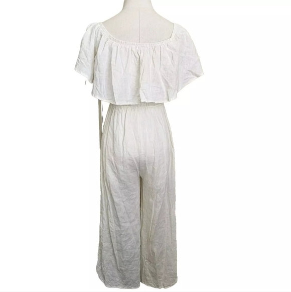 Audrey 3+1 Linen Blend Boho Wide Leg Off Shoulder Ruffle Ivory White Jumpsuit, S - Picture 2 of 15